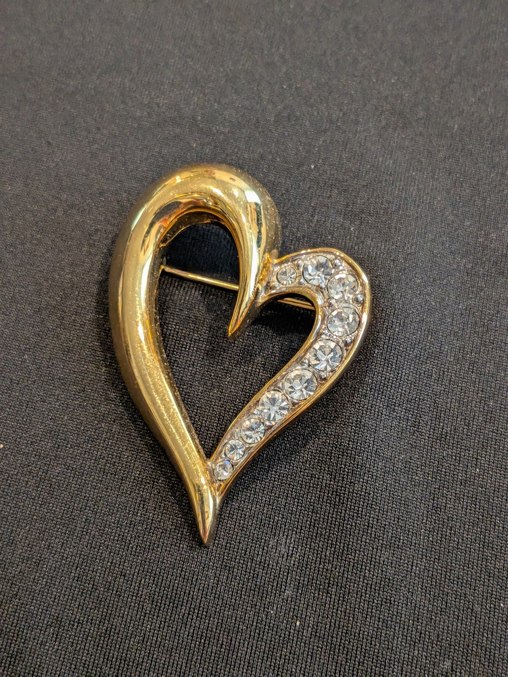 Gold Heart Pin Brooch with Clear Crystals - Women Jewelry